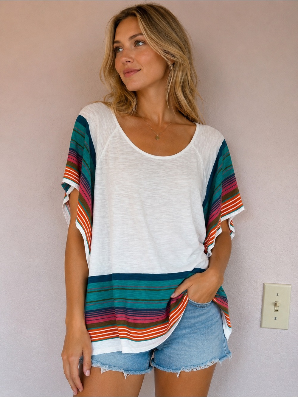 Roxy White Short Sleeve Tunic with Teal, Orange & Pink Stripes size small